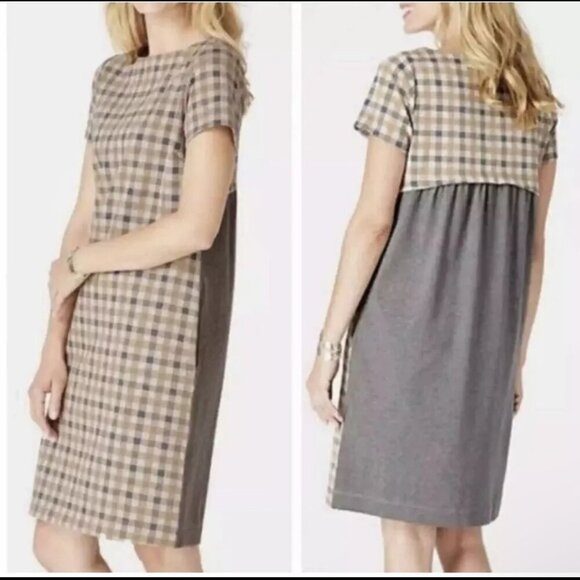 J Jill short sleeve ponte knit grey camel plaid shift dress size small N49 - Picture 1 of 6